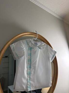 Anvy Kids Toddler Boy White Pique Short Sleeve Shirt with Aqua Check Trim 4T